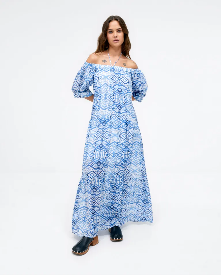 721- Off Shoulder Maxi Dress Blue Print- Surkana