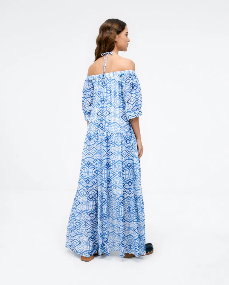 721- Off Shoulder Maxi Dress Blue Print- Surkana