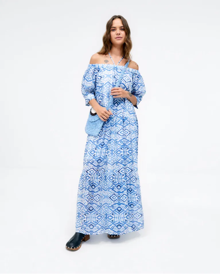 721- Off Shoulder Maxi Dress Blue Print- Surkana