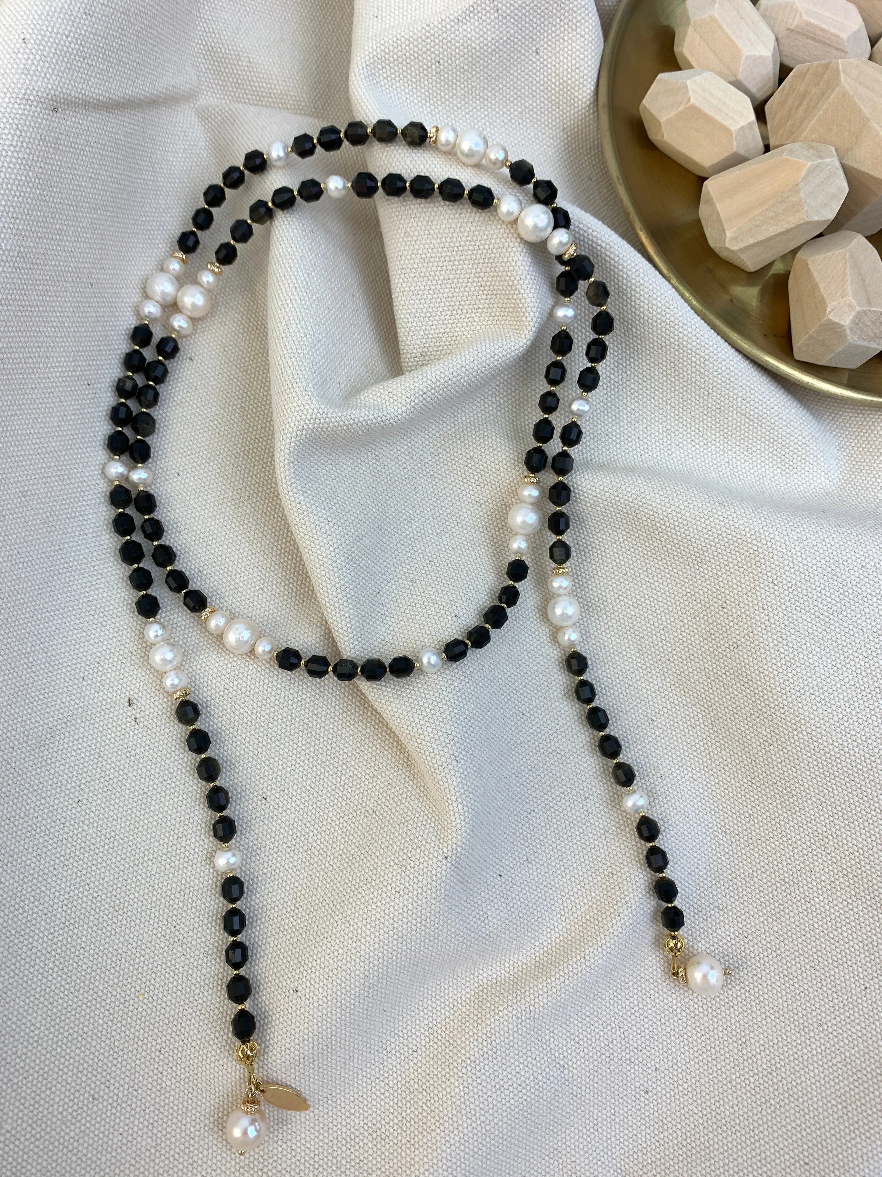 Black Obsidian And White Pearls Multiway Necklace HN040