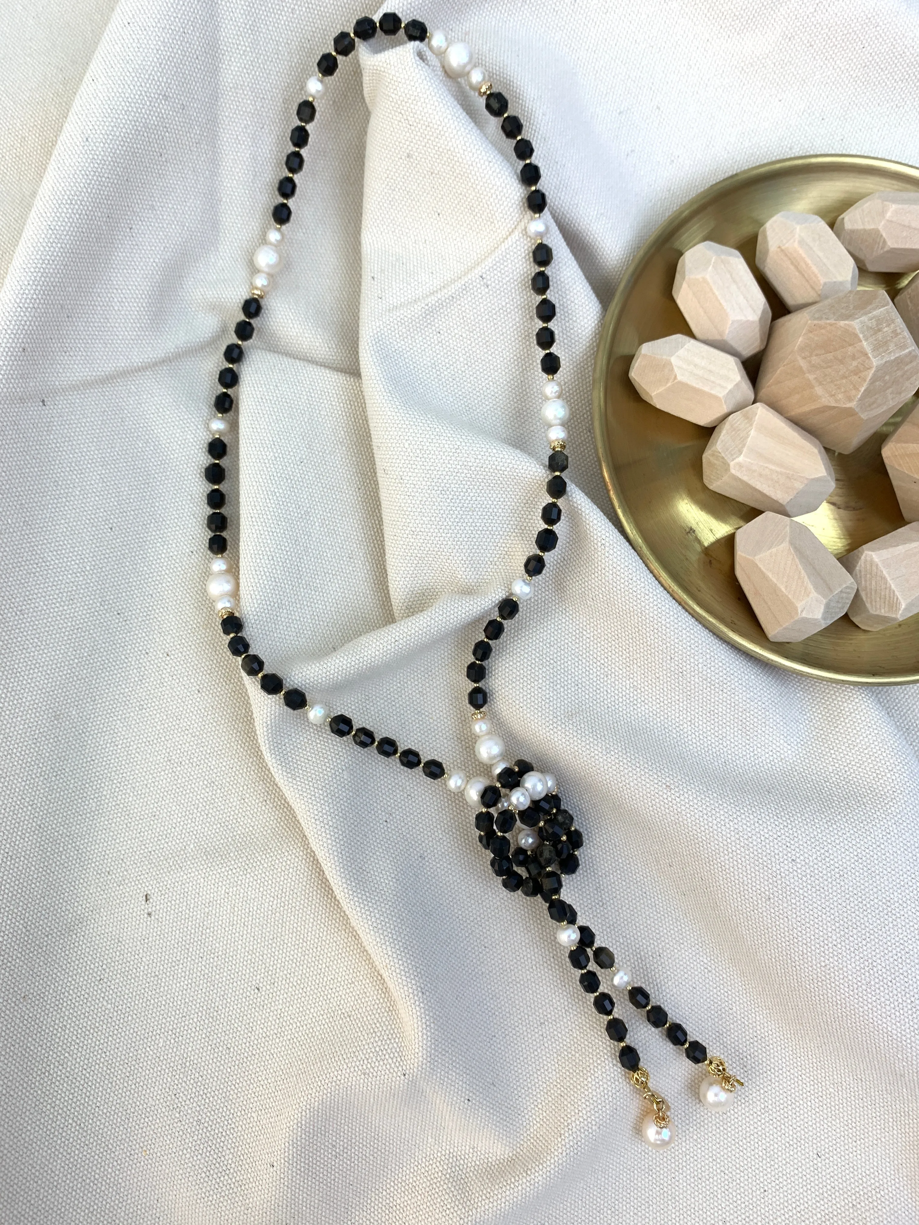 Black Obsidian And White Pearls Multiway Necklace HN040