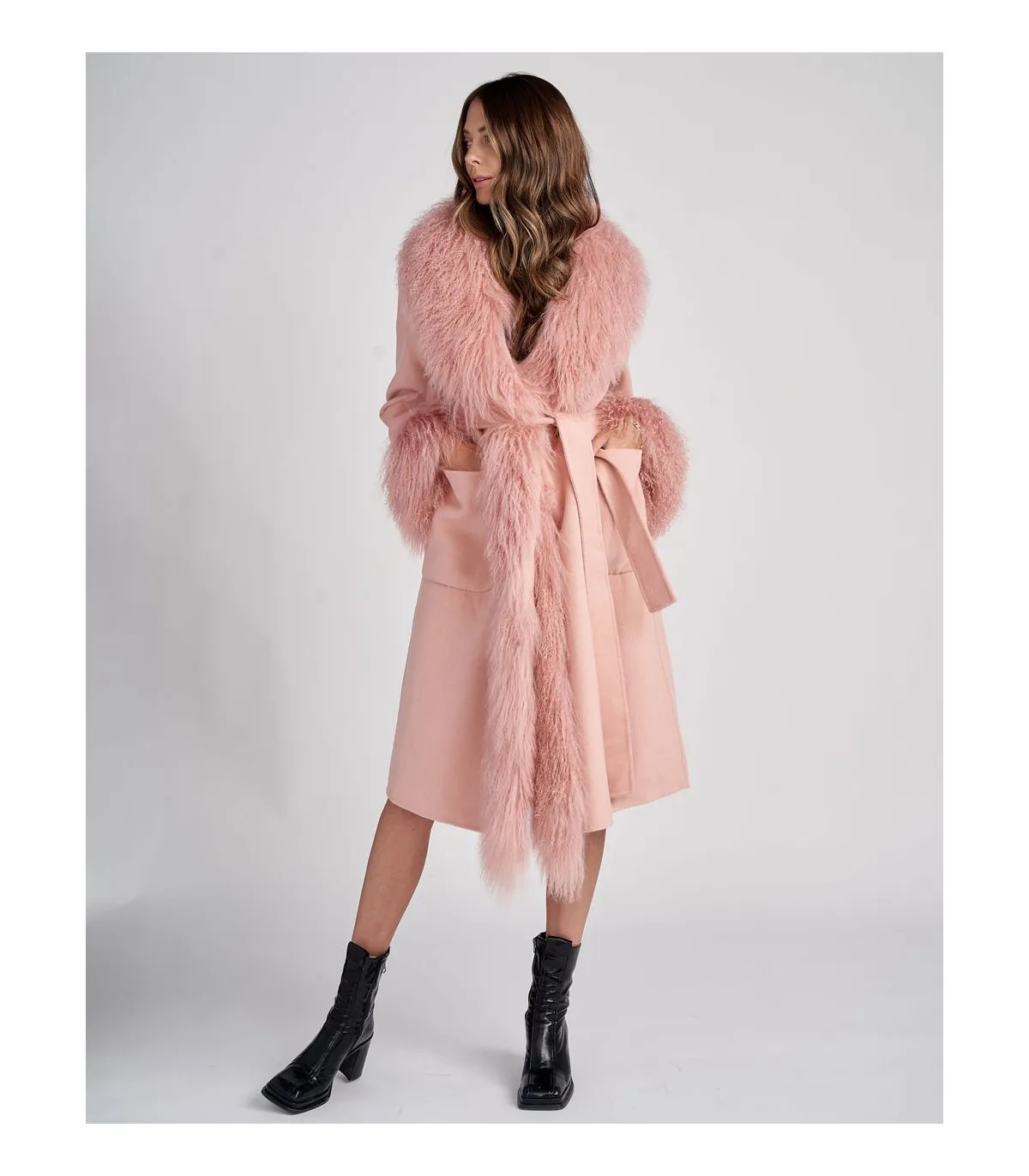 Cashmere Wrap Coat With Mongolian Lamb Fur in Blush| Pink Fur Coat | FurSource.com