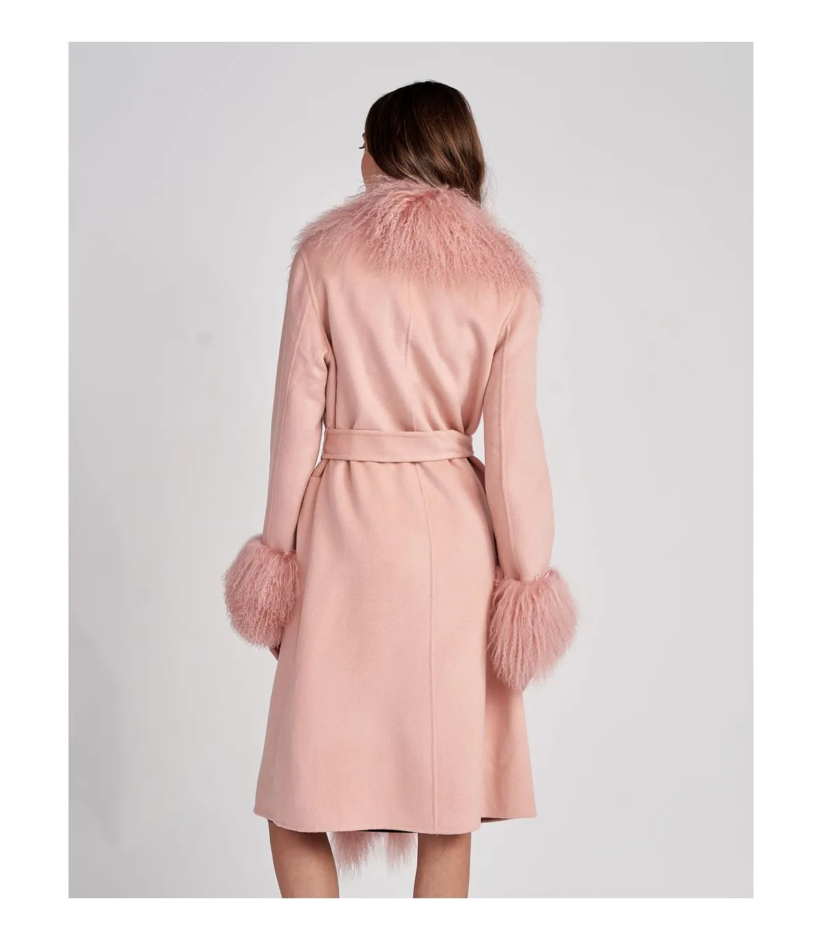 Cashmere Wrap Coat With Mongolian Lamb Fur in Blush| Pink Fur Coat | FurSource.com