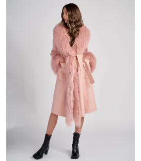 Cashmere Wrap Coat With Mongolian Lamb Fur in Blush| Pink Fur Coat | FurSource.com