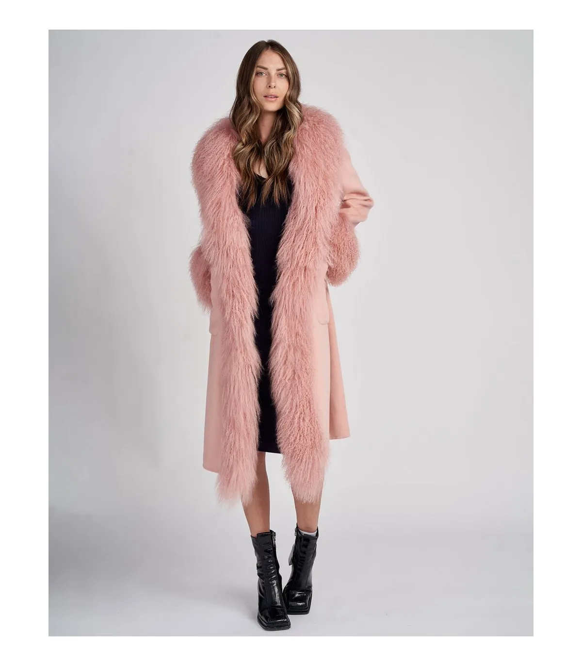 Cashmere Wrap Coat With Mongolian Lamb Fur in Blush| Pink Fur Coat | FurSource.com