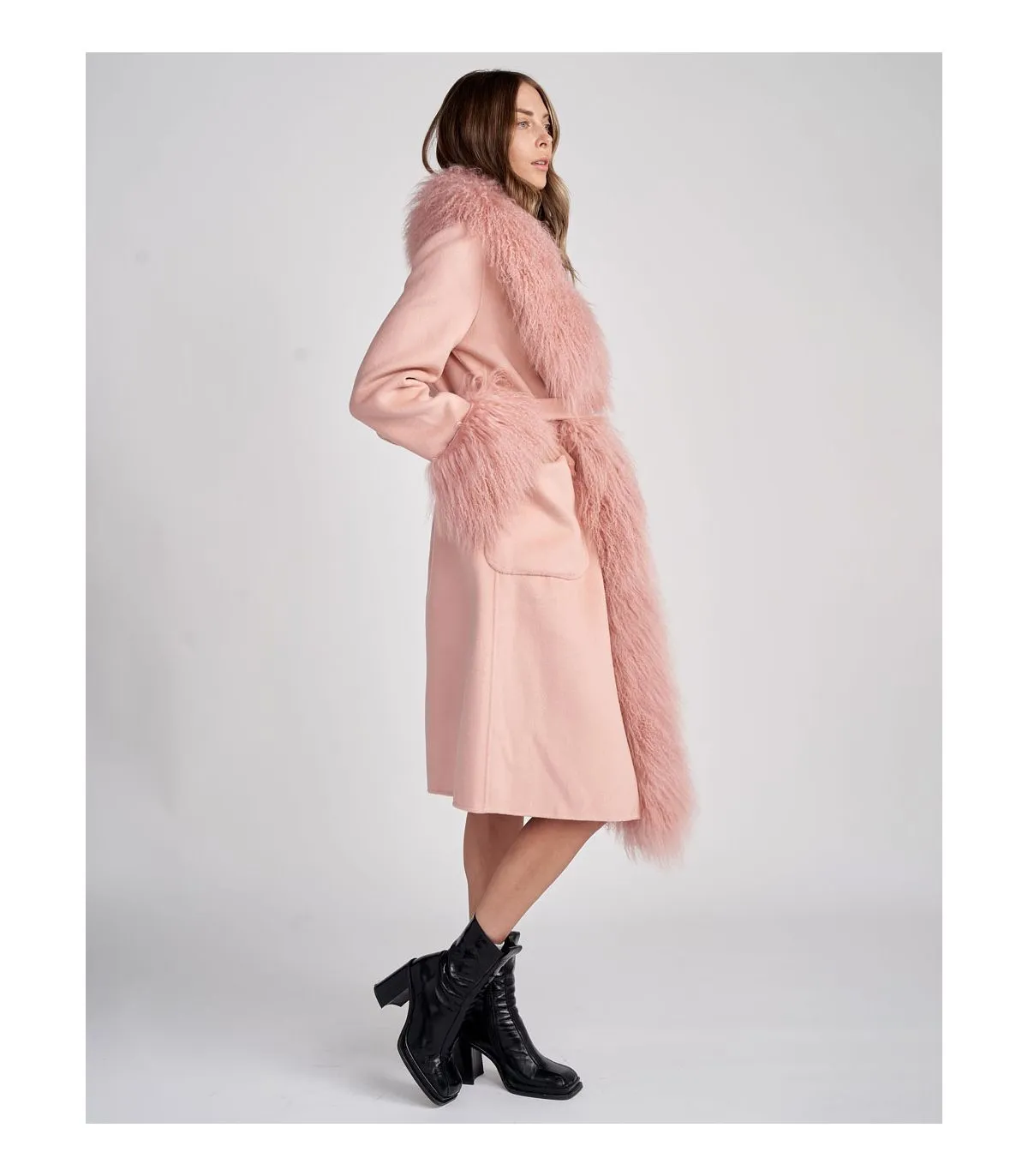 Cashmere Wrap Coat With Mongolian Lamb Fur in Blush| Pink Fur Coat | FurSource.com