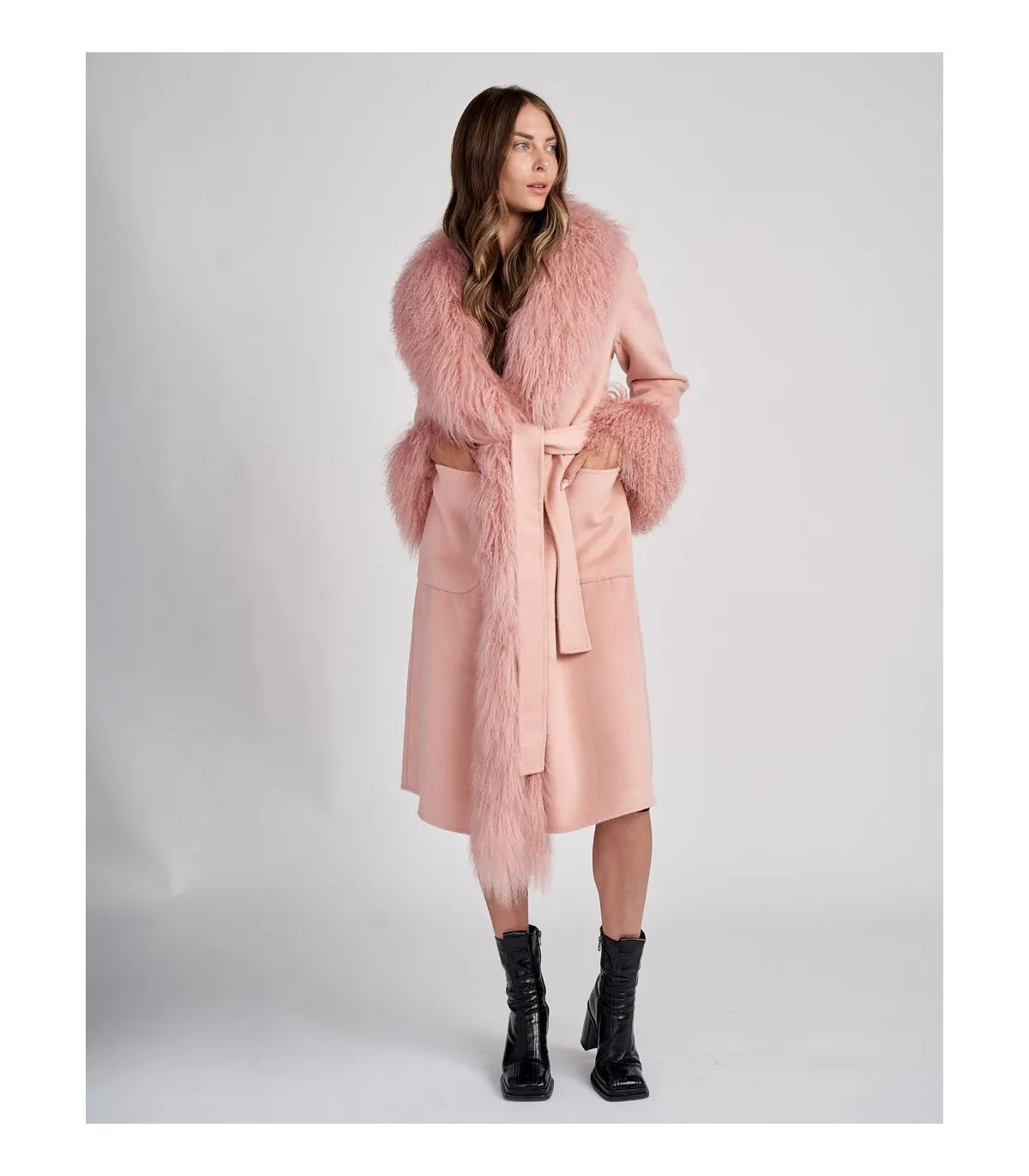 Cashmere Wrap Coat With Mongolian Lamb Fur in Blush| Pink Fur Coat | FurSource.com