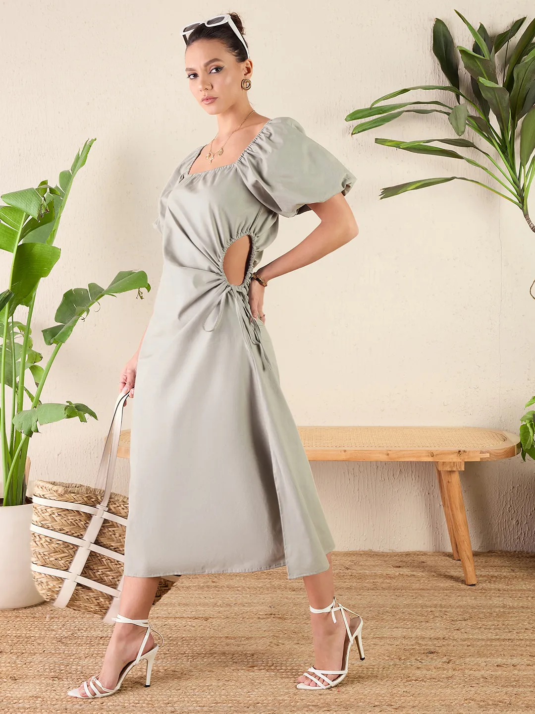 Cotton Poplin Side Cut-Out Midi Dress