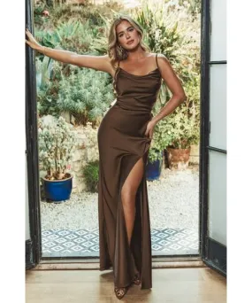 Cupshe x JoJo Espresso Cowl Neck Satin Maxi Dress