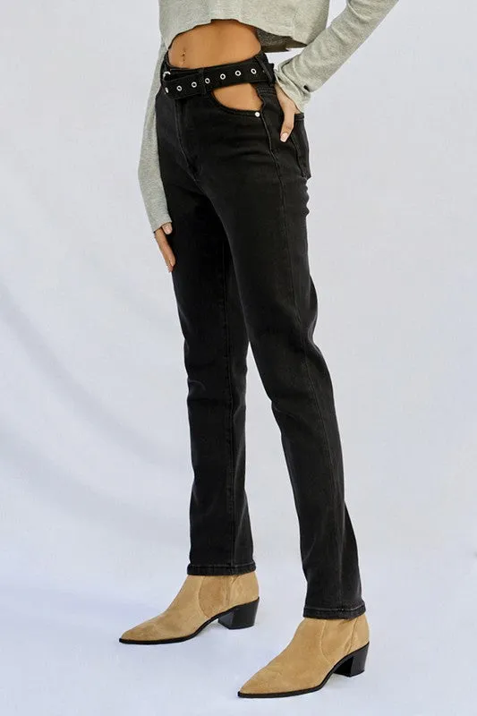 Cut Out Front Pocket Straight Jeans