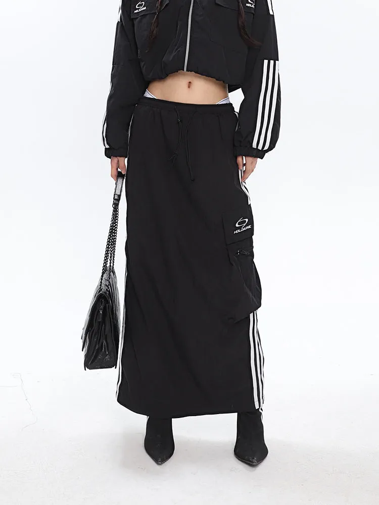 Delila Solid Color Triple Stripes Cropped Coat Regular Coat Long Skirt Matching Set