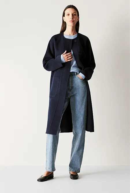 Double Faced Wool Pocketed Classic Coat