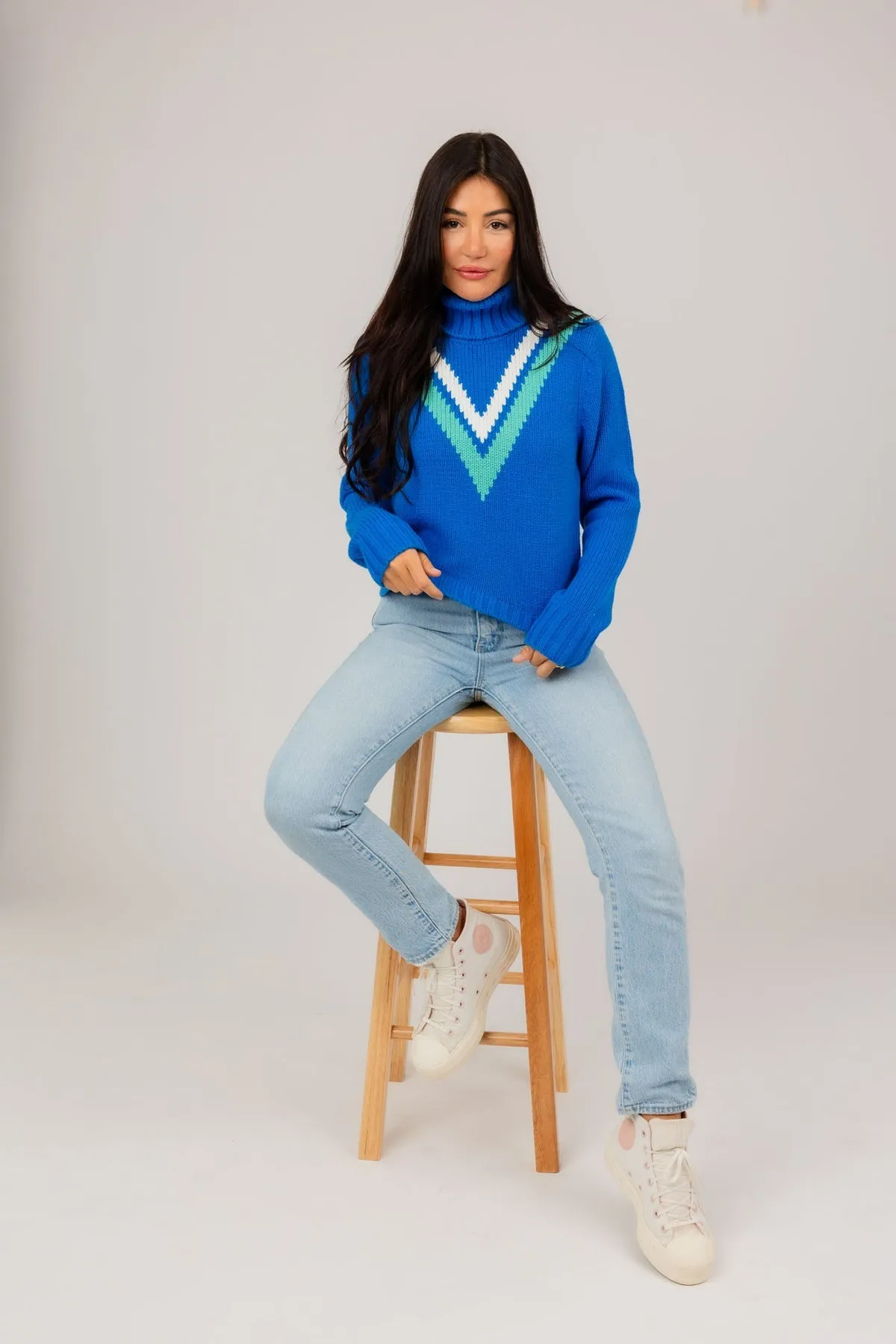 Ellsworth + Ivey Cropped Chevron Turtleneck in Retro Blue