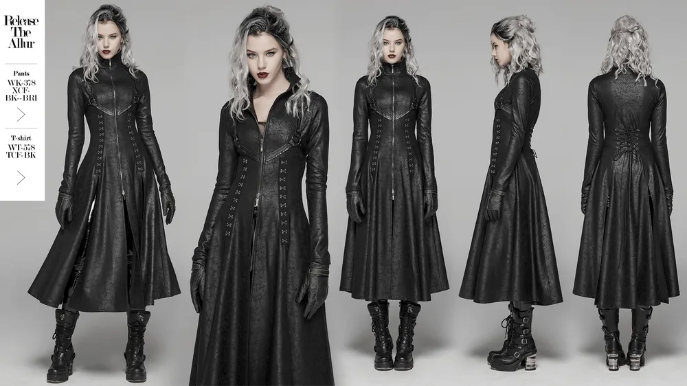 Embossed Dark Elegance Punk Full-Length Coat