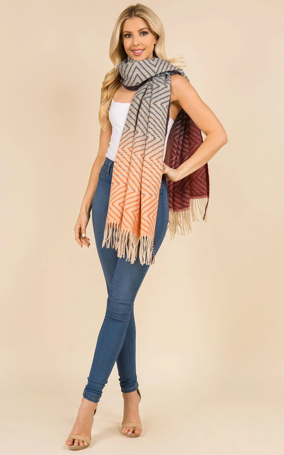 GAO3313 Gradation Oblong Scarf w/Fringes