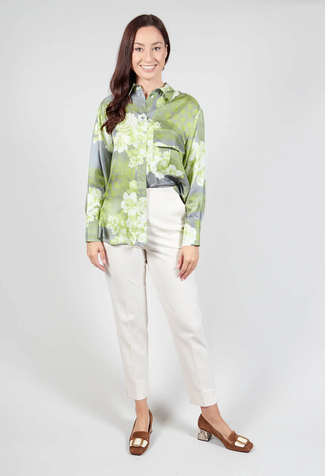 Garden Print Silk Blouse in Grey