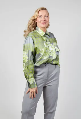 Garden Print Silk Blouse in Grey