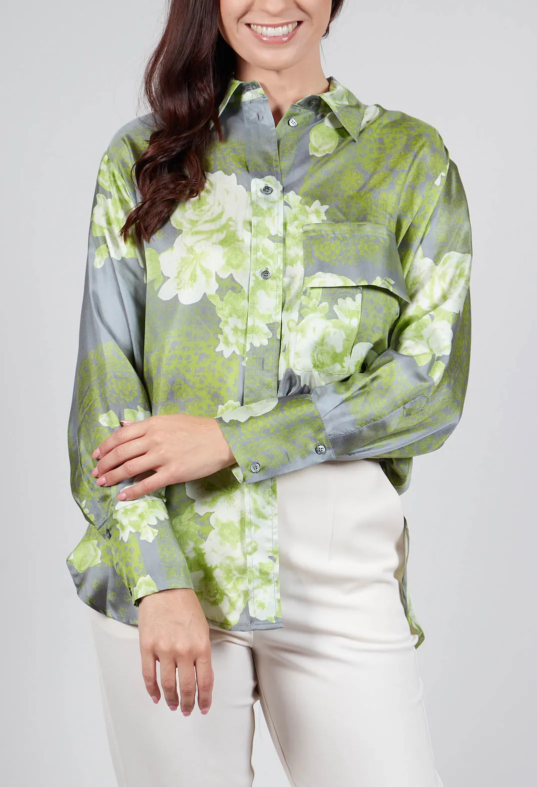 Garden Print Silk Blouse in Grey