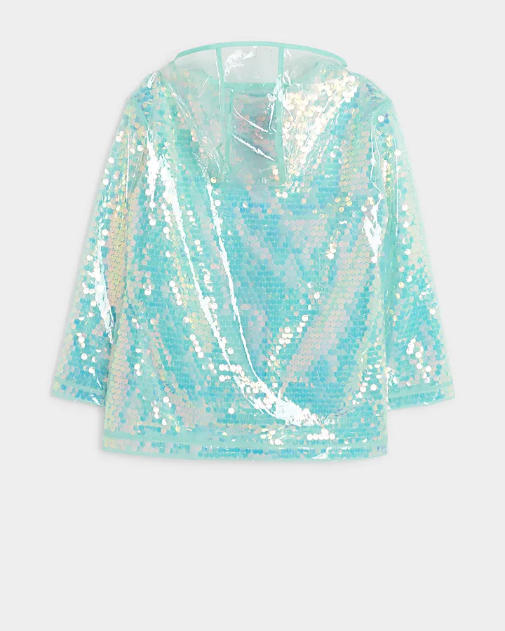 Girls blue sequin hooded rain coat