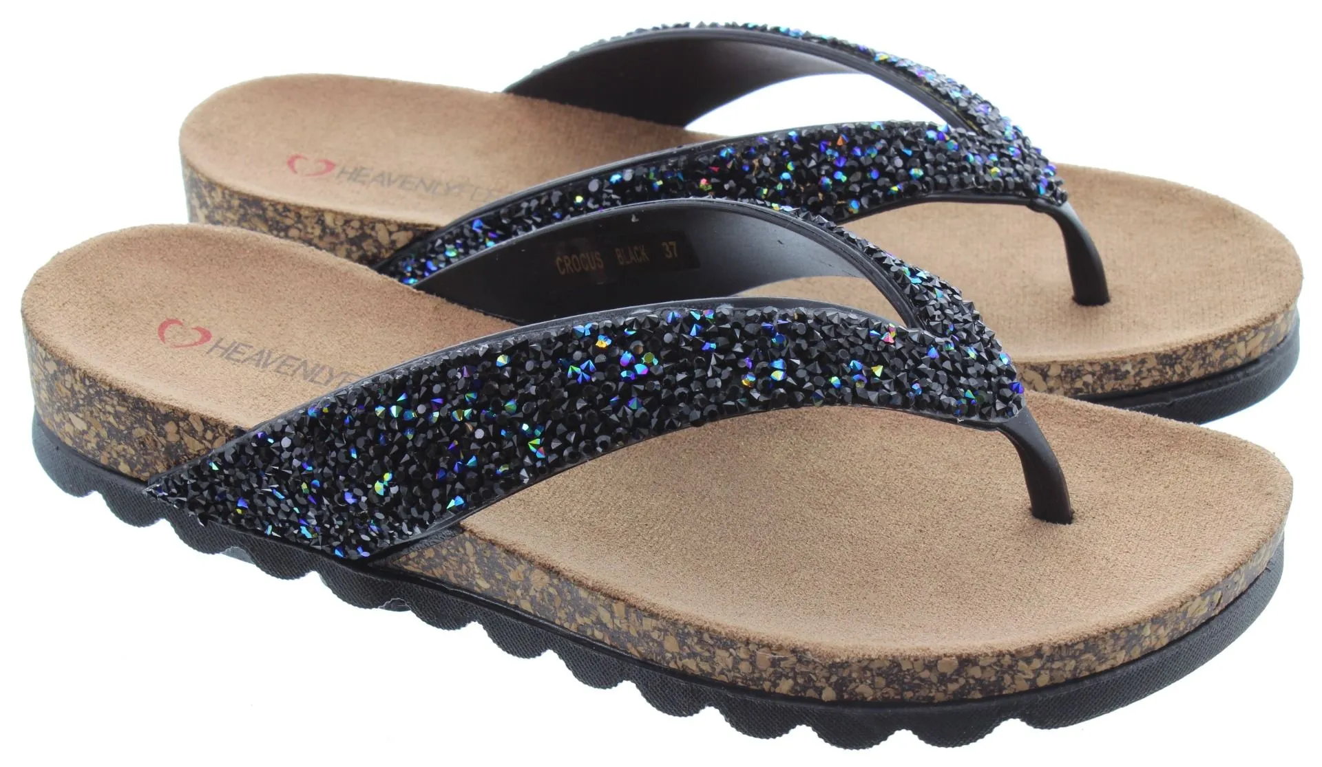 HEAVENLY FEET Ladies Crocus Glitter Flip Flop Sandals In Black