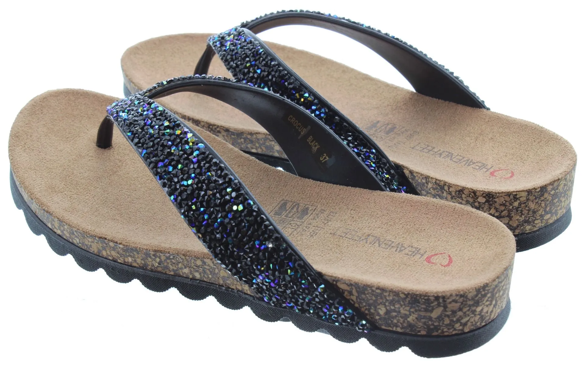 HEAVENLY FEET Ladies Crocus Glitter Flip Flop Sandals In Black