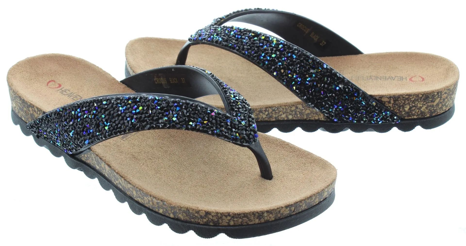 HEAVENLY FEET Ladies Crocus Glitter Flip Flop Sandals In Black