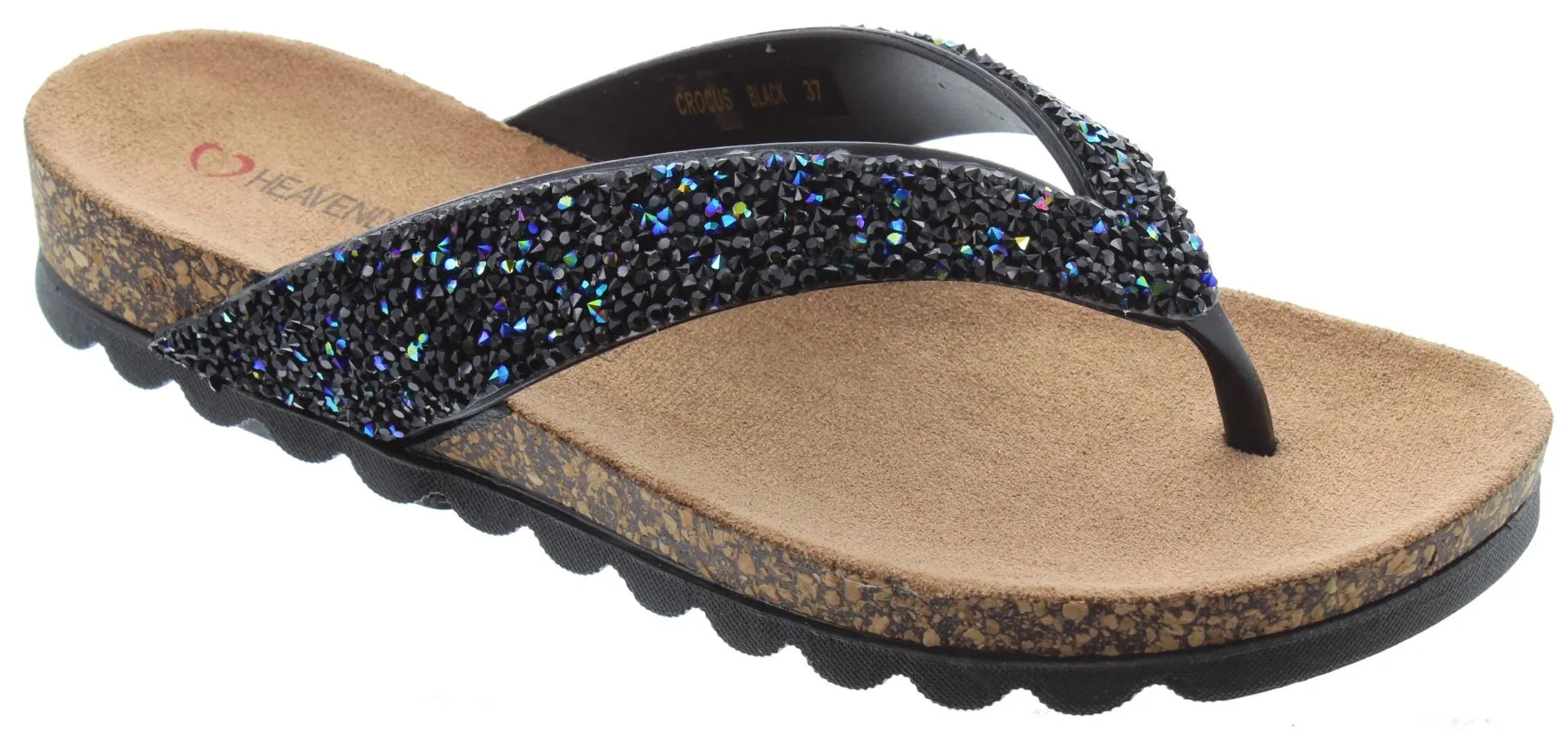 HEAVENLY FEET Ladies Crocus Glitter Flip Flop Sandals In Black