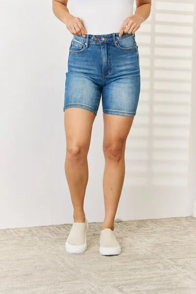 Judy Blue Tummy Control Double Button Bermuda Denim Shorts**