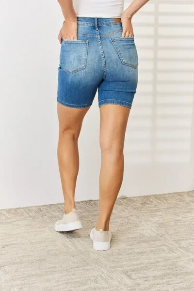 Judy Blue Tummy Control Double Button Bermuda Denim Shorts**