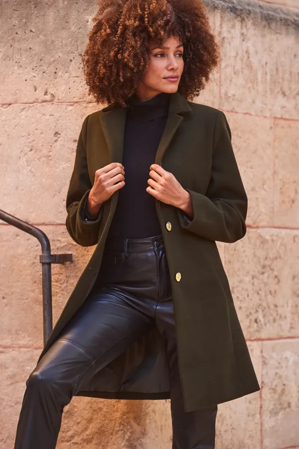 Khaki Green Gold Button Detail Coat