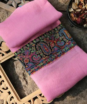 Light Pink Pure Pashmina Scarf With Applique Paisley Multicolor Border In Kalamkari