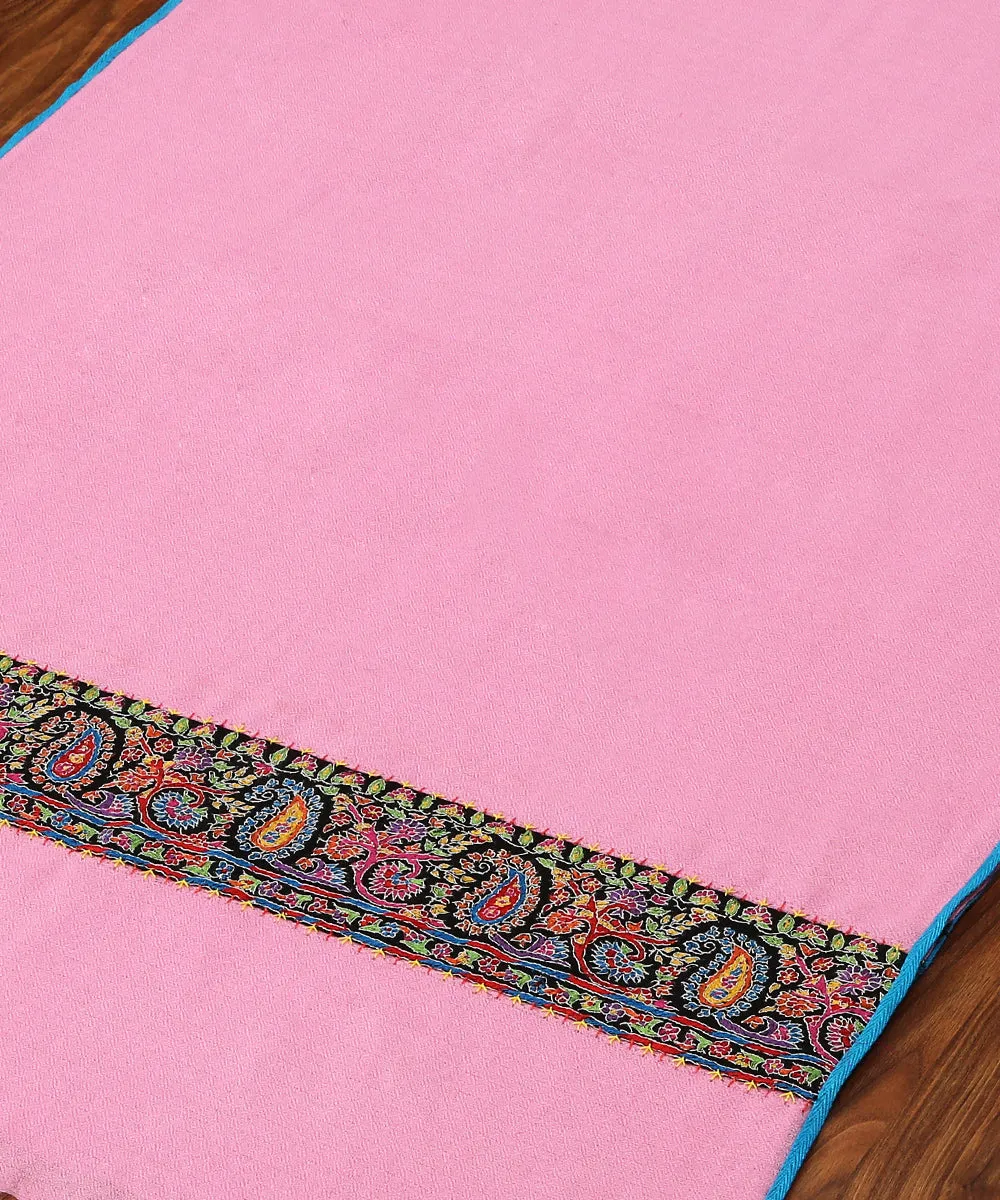 Light Pink Pure Pashmina Scarf With Applique Paisley Multicolor Border In Kalamkari