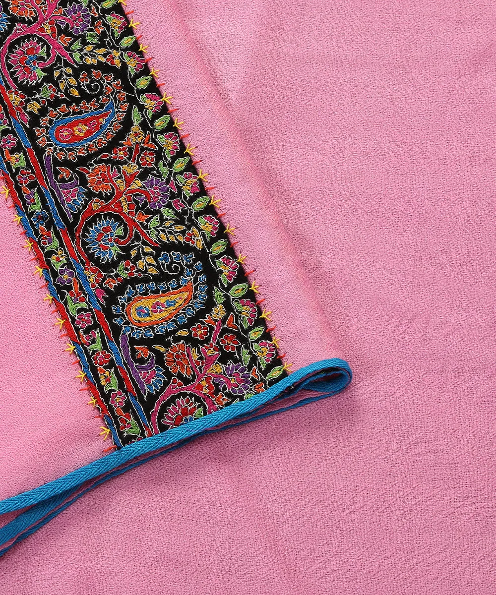 Light Pink Pure Pashmina Scarf With Applique Paisley Multicolor Border In Kalamkari