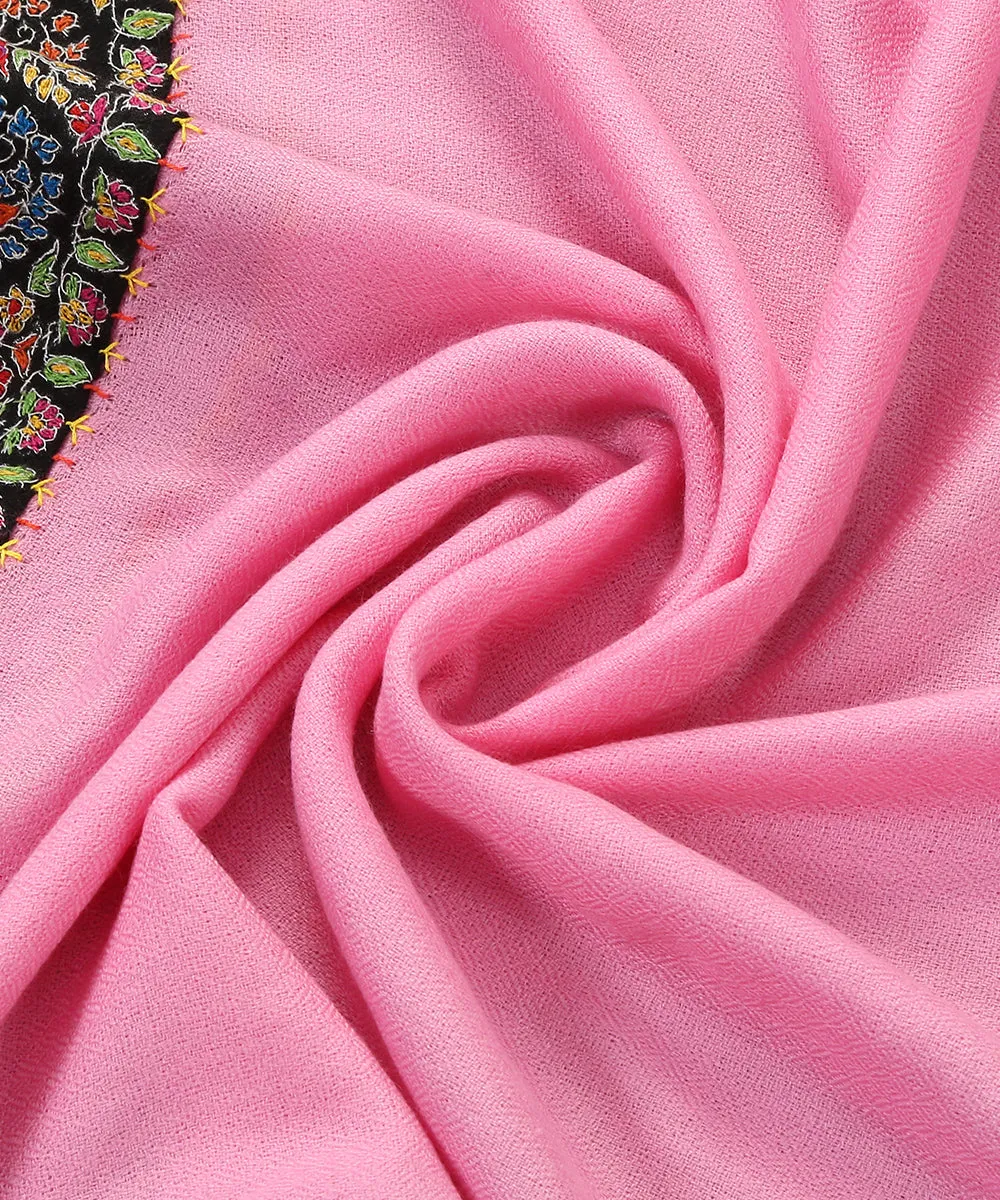 Light Pink Pure Pashmina Scarf With Applique Paisley Multicolor Border In Kalamkari