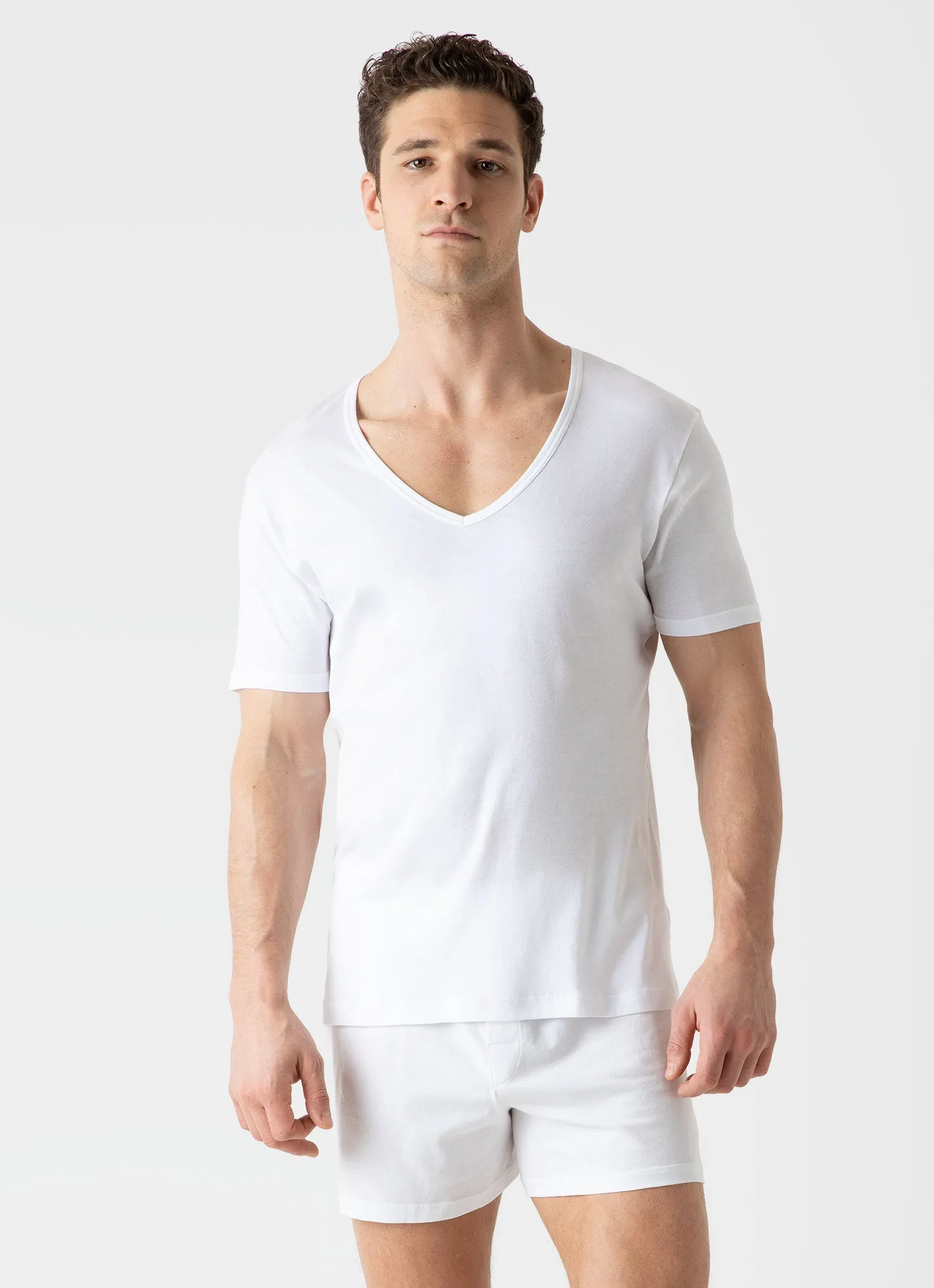 Men's Sea Island Cotton V-neck Underwear T-shirt in White