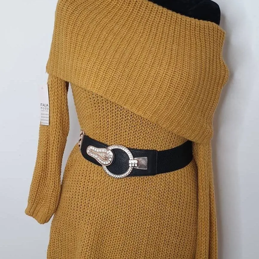 Mustard Off -The Shoulder Knitted Jumper Dress.