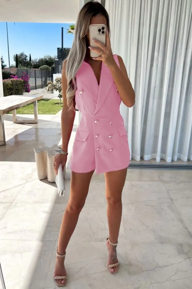 Pink Sleeveless Military Button Blazer Playsuit