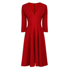 Red Deep V Neck 3/4 Sleeve Rockabilly 50s Swing Dress