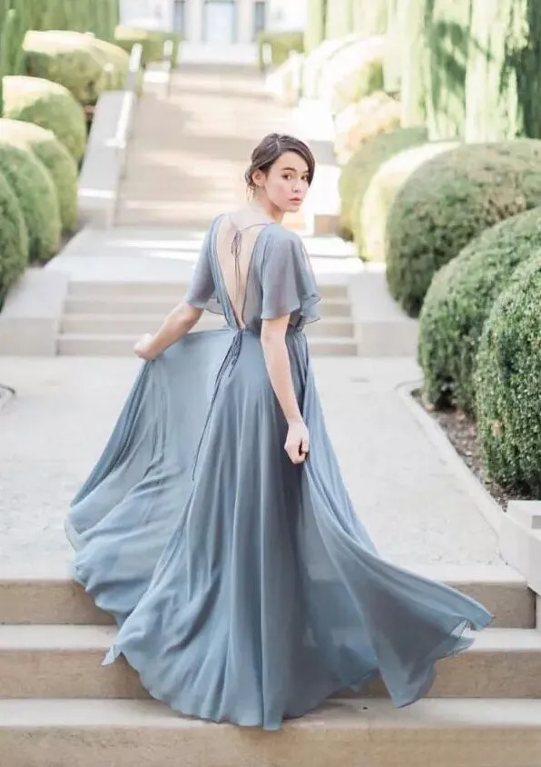 Simple Grey Chiffon Half Sleeves A-line Long Bridesmaid Dresses Online, BG408