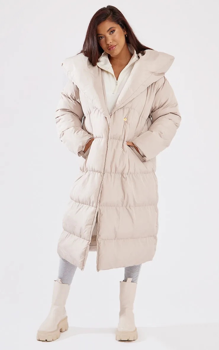 Taupe Chevron Quilted Maxi Puffer Coat