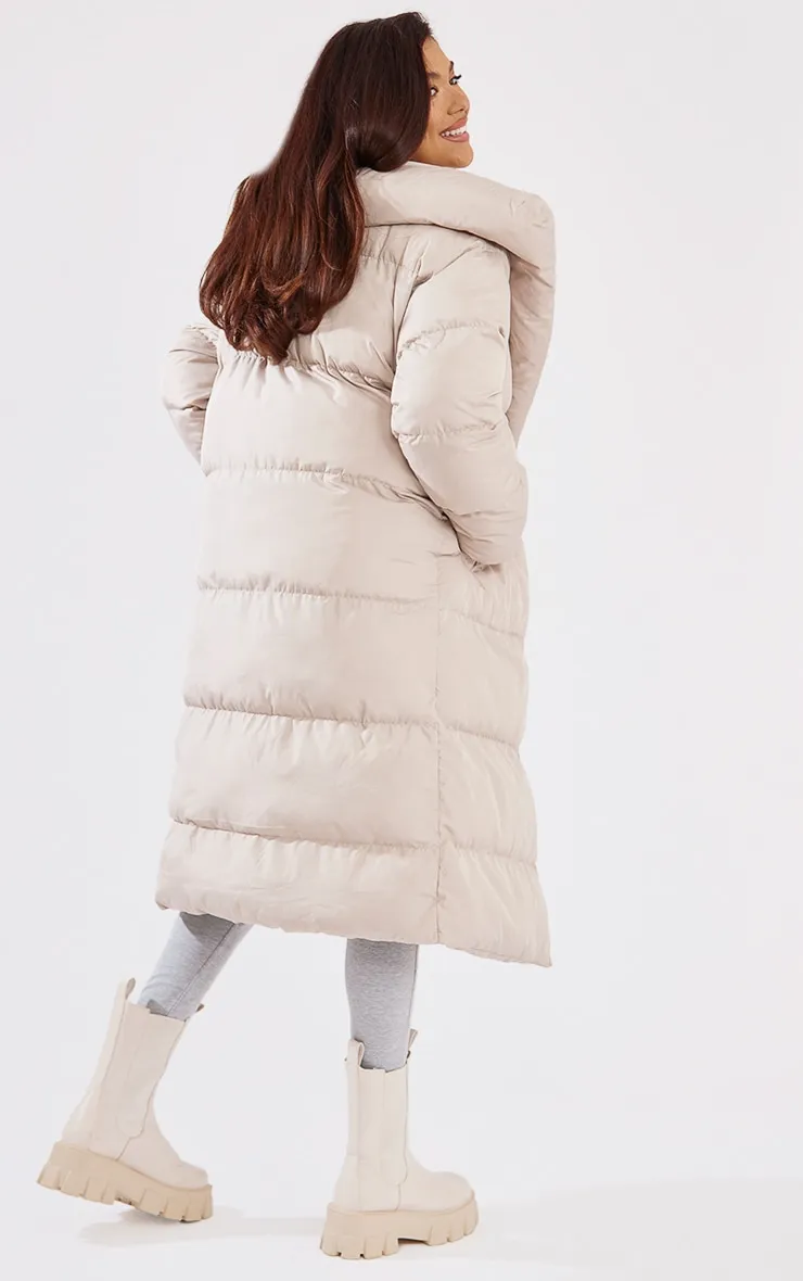 Taupe Chevron Quilted Maxi Puffer Coat