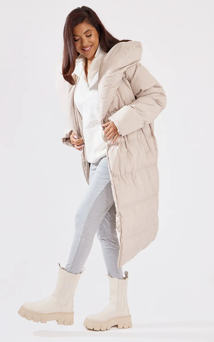 Taupe Chevron Quilted Maxi Puffer Coat