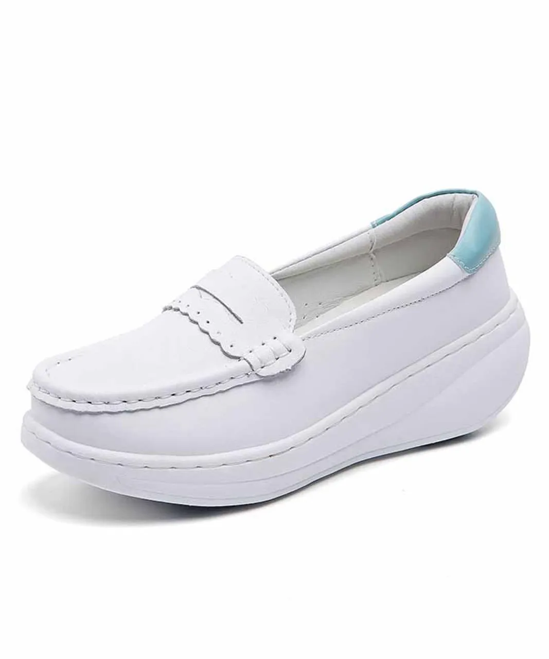 White blue penny slip on rocker bottom sneaker