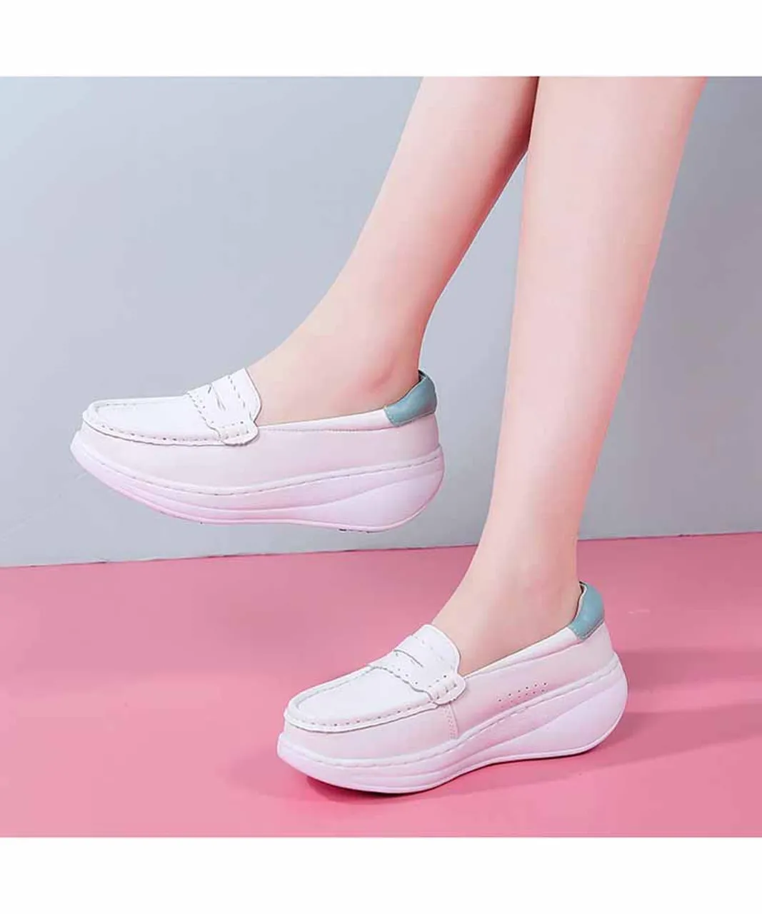 White blue penny slip on rocker bottom sneaker