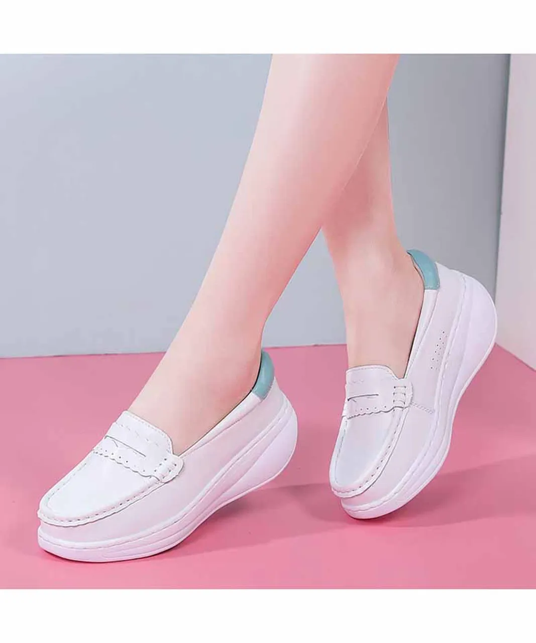 White blue penny slip on rocker bottom sneaker