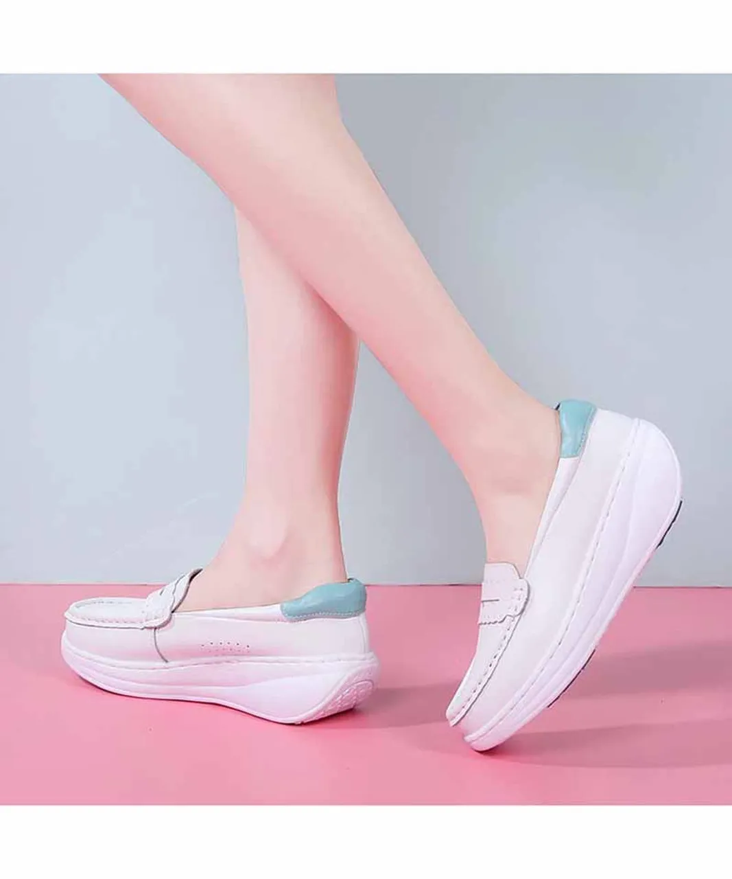 White blue penny slip on rocker bottom sneaker