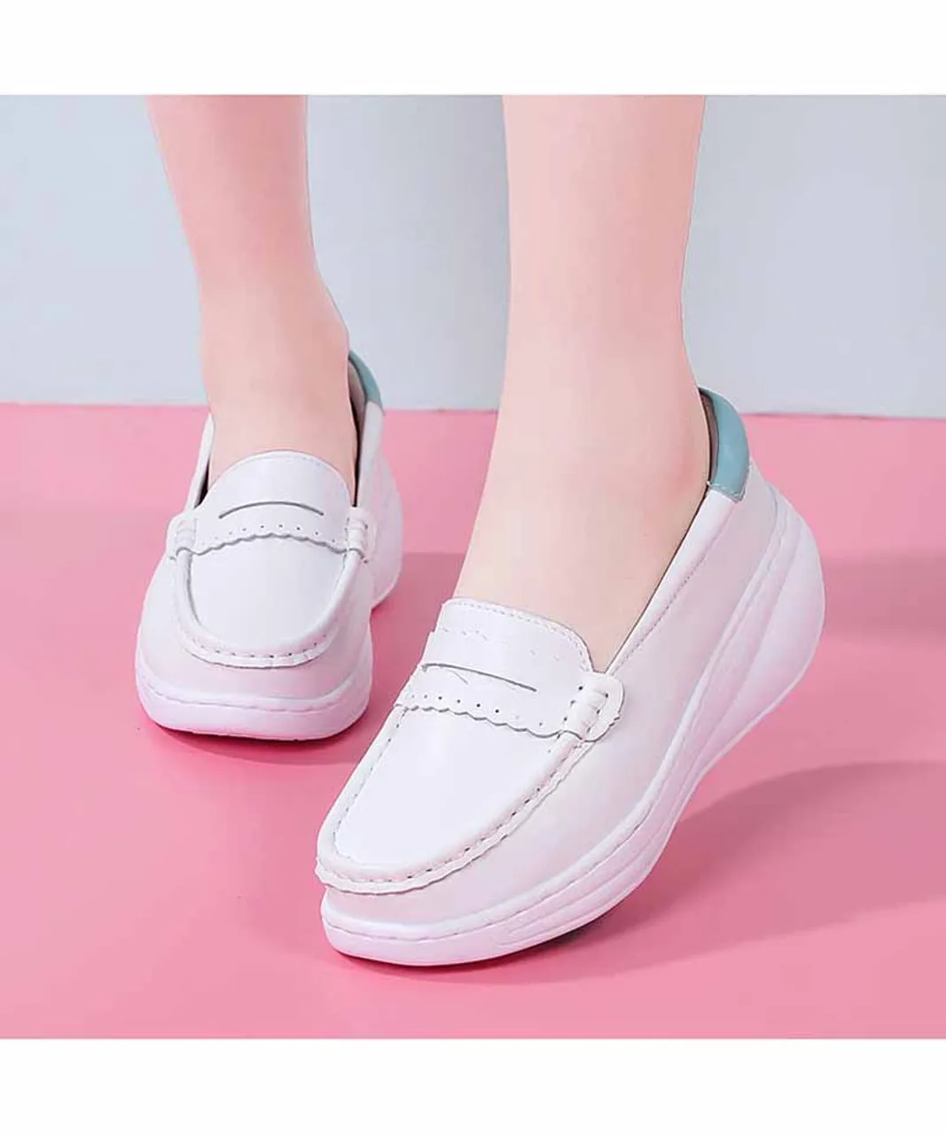 White blue penny slip on rocker bottom sneaker