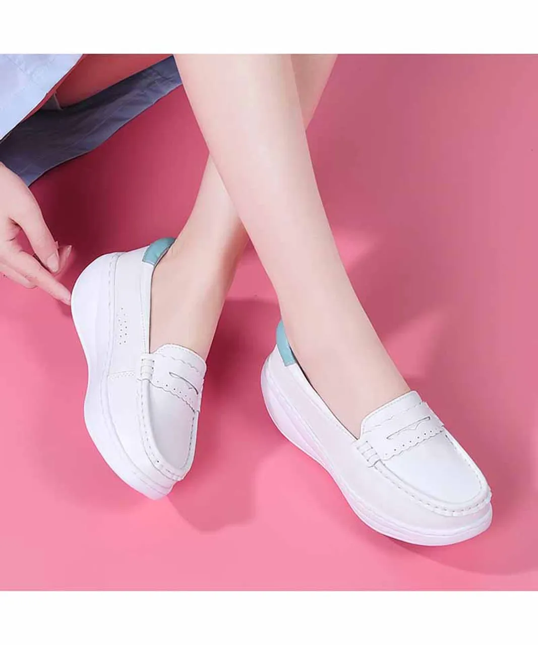 White blue penny slip on rocker bottom sneaker