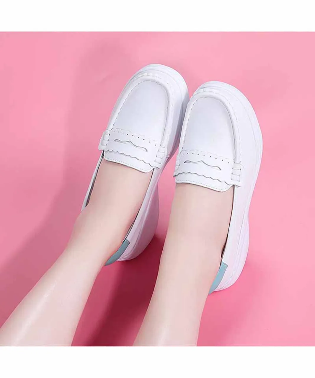 White blue penny slip on rocker bottom sneaker