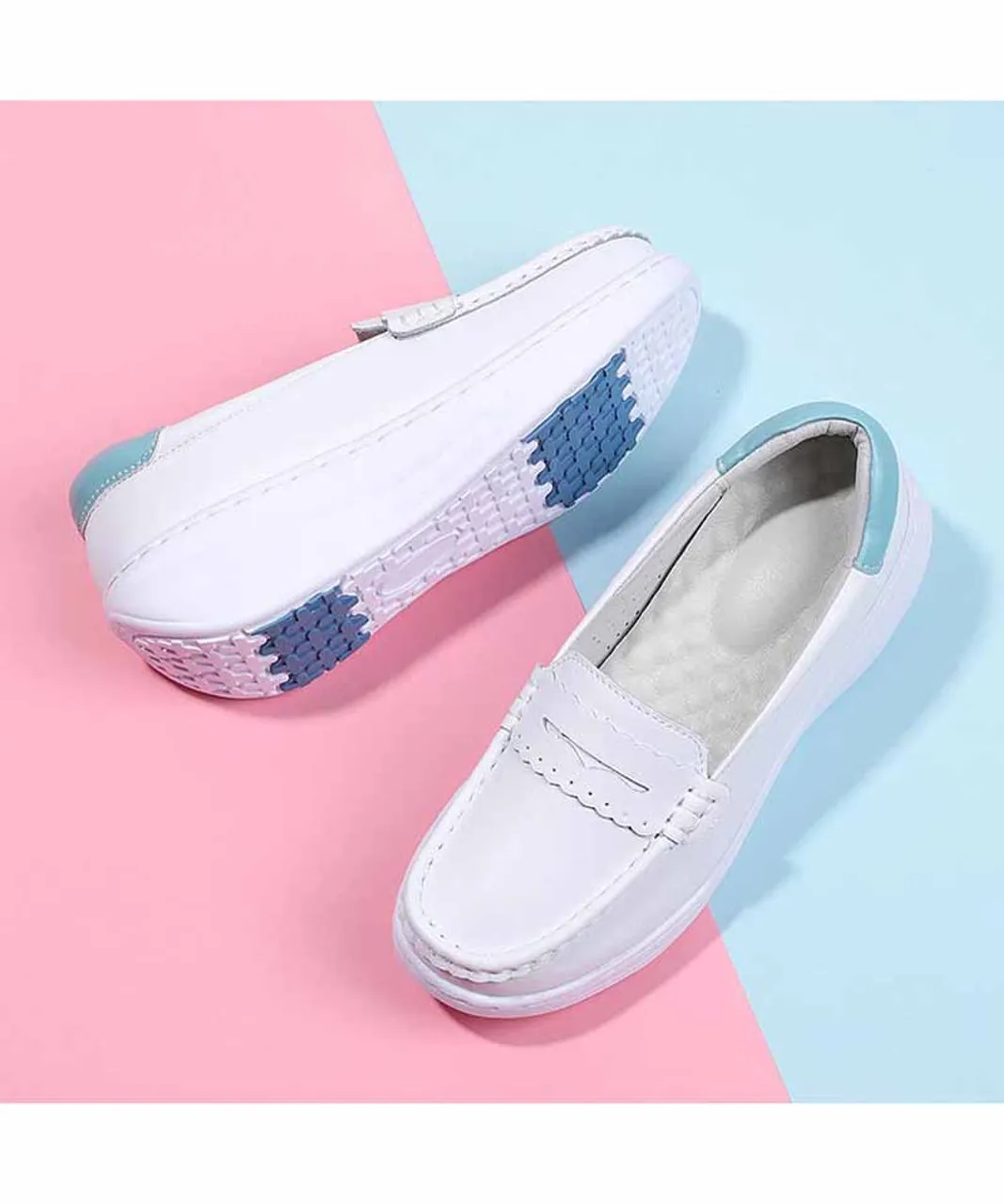 White blue penny slip on rocker bottom sneaker